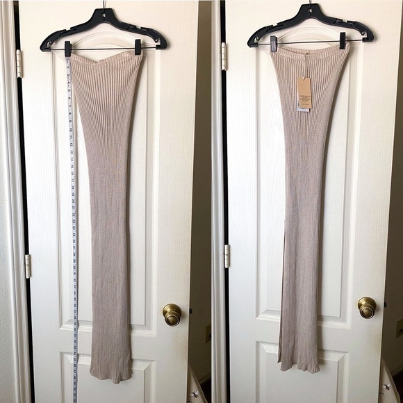 AYA MUSE Skirt Pisa Ribbed Knit Maxi Slit Metallic Stretchy Beige S NWT - Picture 2 of 6